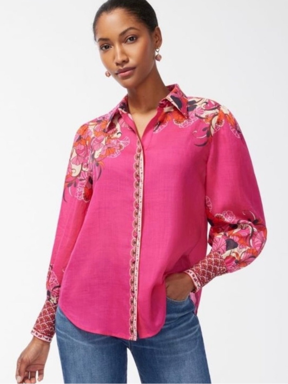 Chico's Hot Pink Floral Drama sleeve Button-Down Shirt Size XL